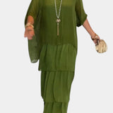 Elegante vestido maxi Caroline con volantes y mangas murciélago para un estilo sofisticado