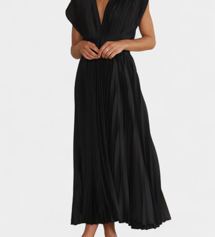 Vestido Mireia de Pliegues con Escote Drapeado y Cintura Alta para un Estilo Elegante
