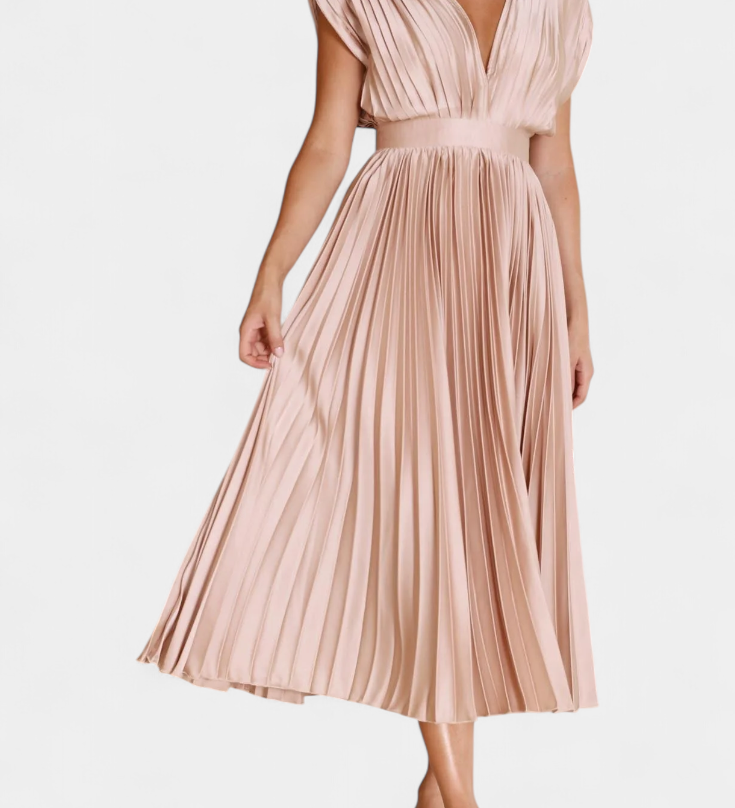 Vestido Mireia de Pliegues con Escote Drapeado y Cintura Alta para un Estilo Elegante