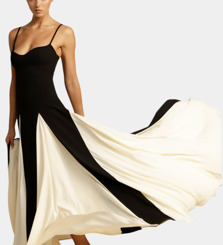 Elegante vestido maxi bicolor con tirantes finos para un estilo sofisticado