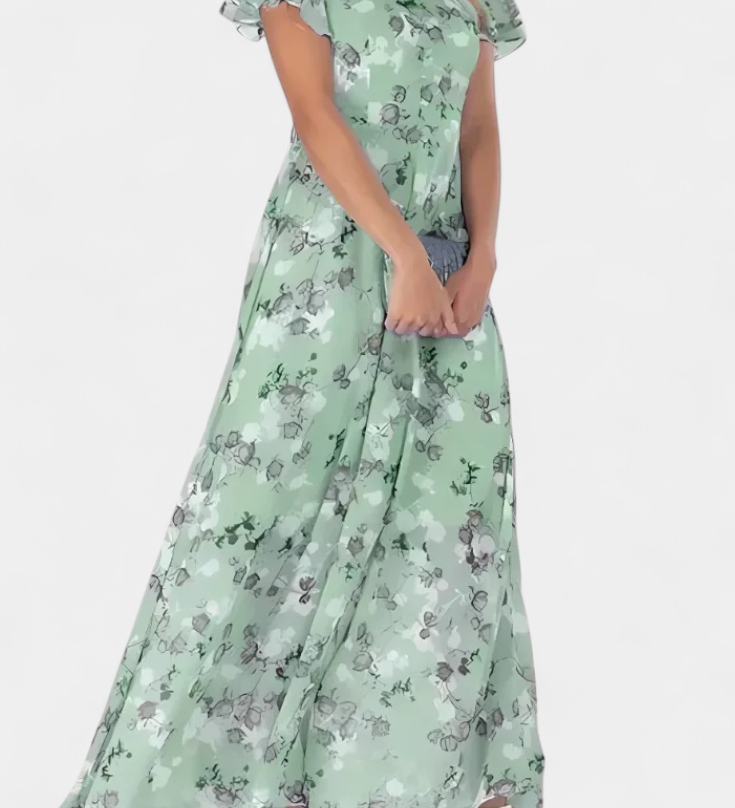Elegante vestido maxi floral con escote en V y mangas aladas para un look sofisticado