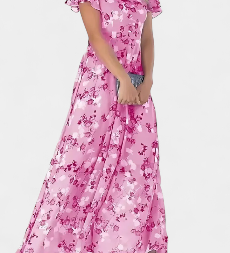 Elegante vestido maxi floral con escote en V y mangas aladas para un look sofisticado
