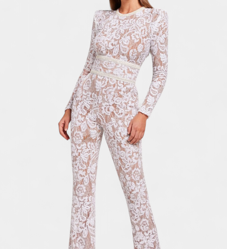 Elegante Jimena Mono de Encaje con Brillantes Lentejuelas y Cinturón para un Look Sofisticado