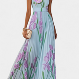 Vestido Largo Plisado Calanthe con Estampado Floral y Elegante Escote Cuadrado