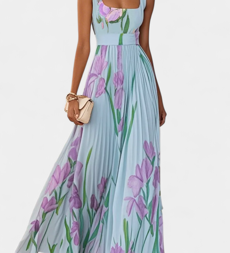 Vestido Largo Plisado Calanthe con Estampado Floral y Elegante Escote Cuadrado
