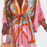 Vestido Maxi Joelle con Diseño Arcoíris, Escote en V y Manga Murciélago, Perfecto para Llevar con Estilo