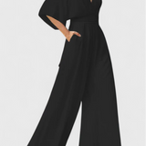 Isaura Mono Largo Elegante con Pierna Ancha y Escote en V - Look Sofisticado y Moderno