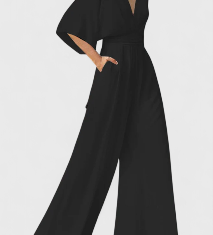 Isaura Mono Largo Elegante con Pierna Ancha y Escote en V - Look Sofisticado y Moderno