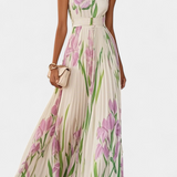 Vestido Largo Plisado Calanthe con Estampado Floral y Elegante Escote Cuadrado