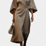 Vestido Midi Micaela con Mangas Lantern y Cintura Ceñida para un Estilo Elegante y Sofisticado