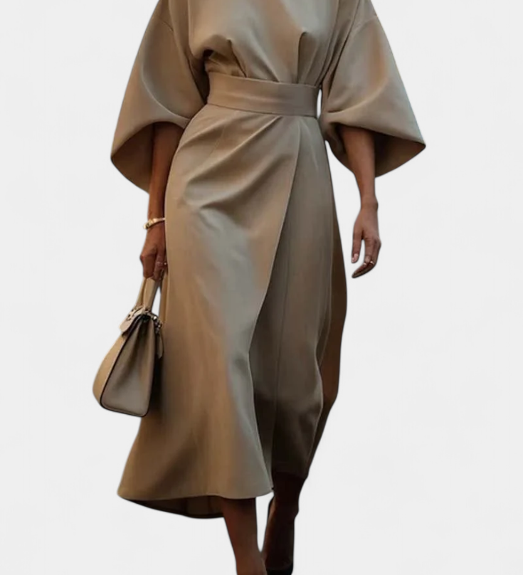 Vestido Midi Micaela con Mangas Lantern y Cintura Ceñida para un Estilo Elegante y Sofisticado