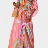 Vestido Maxi Joelle con Diseño Arcoíris, Escote en V y Manga Murciélago, Perfecto para Llevar con Estilo