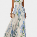 Vestido Largo Plisado Calanthe con Estampado Floral y Elegante Escote Cuadrado