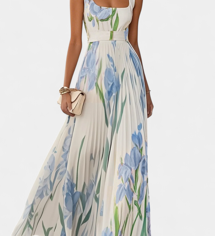 Vestido Largo Plisado Calanthe con Estampado Floral y Elegante Escote Cuadrado