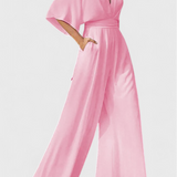 Isaura Mono Largo Elegante con Pierna Ancha y Escote en V - Look Sofisticado y Moderno