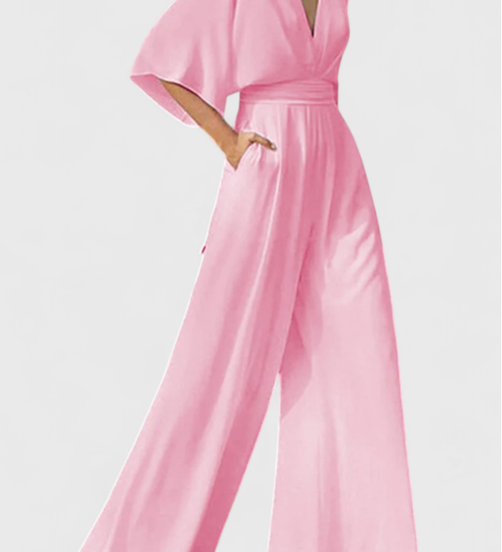 Isaura Mono Largo Elegante con Pierna Ancha y Escote en V - Look Sofisticado y Moderno