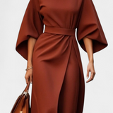 Vestido Midi Micaela con Mangas Lantern y Cintura Ceñida para un Estilo Elegante y Sofisticado