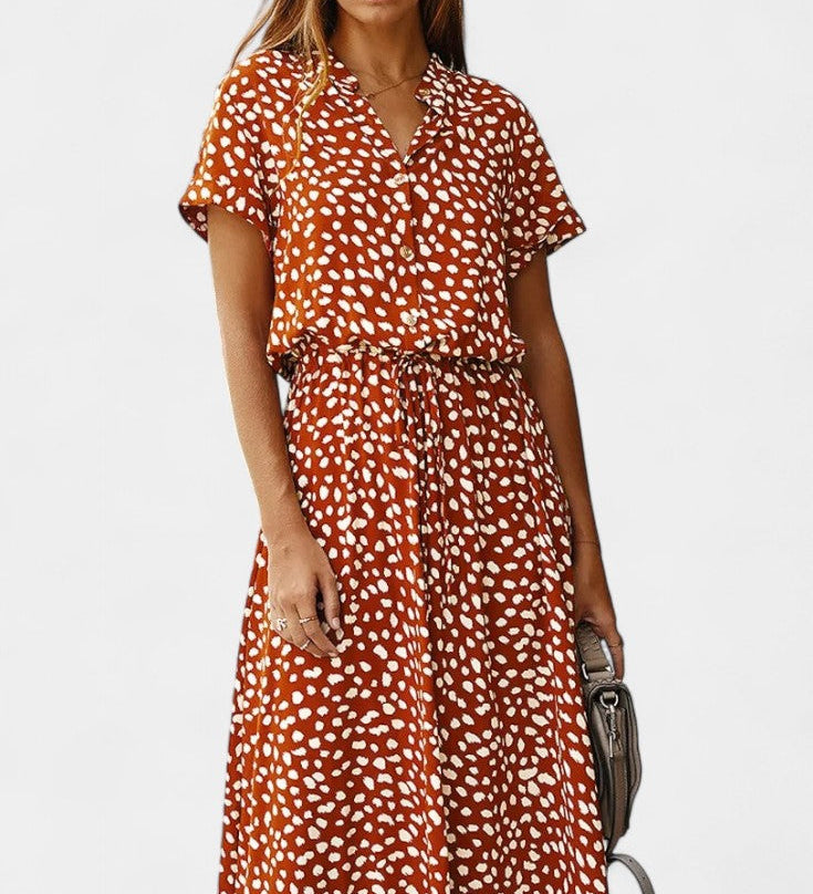 Rovena Vestido Midi de Lunares con Cuello Camisero y Cintura Ajustable - Elegancia y Comodidad para Cualquier Ocasión