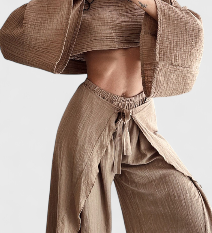 Elsie Conjunto Fluido con Kimono y Pantalón Cruzado - Estilo Elegante y Versátil