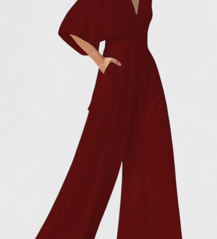 Isaura Mono Largo Elegante con Pierna Ancha y Escote en V - Look Sofisticado y Moderno