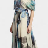 Sanaa Vestido Asimétrico de Un Hombro con Elegante Estampado Floral Abstracto