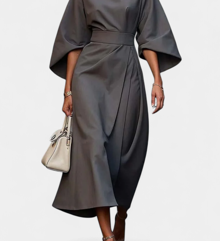 Vestido Midi Micaela con Mangas Lantern y Cintura Ceñida para un Estilo Elegante y Sofisticado