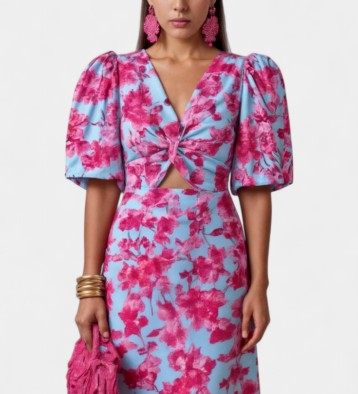 Wibia Vestido Estampado con Detalle de Fruncido Central y Mangas Volumen para un Look Elegante y Confortable