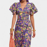 Wibia Vestido Estampado con Detalle de Fruncido Central y Mangas Volumen para un Look Elegante y Confortable