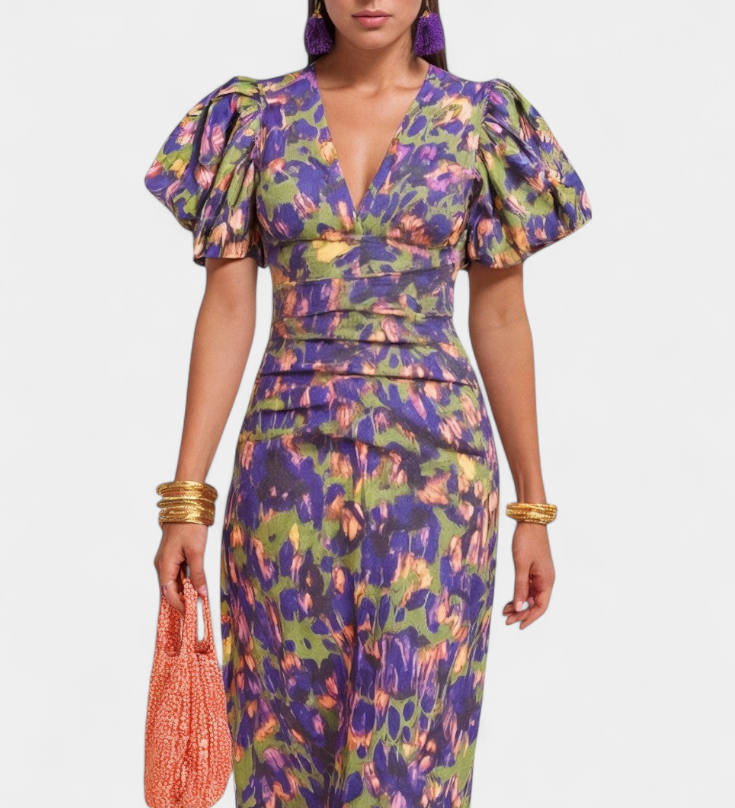 Wibia Vestido Estampado con Detalle de Fruncido Central y Mangas Volumen para un Look Elegante y Confortable
