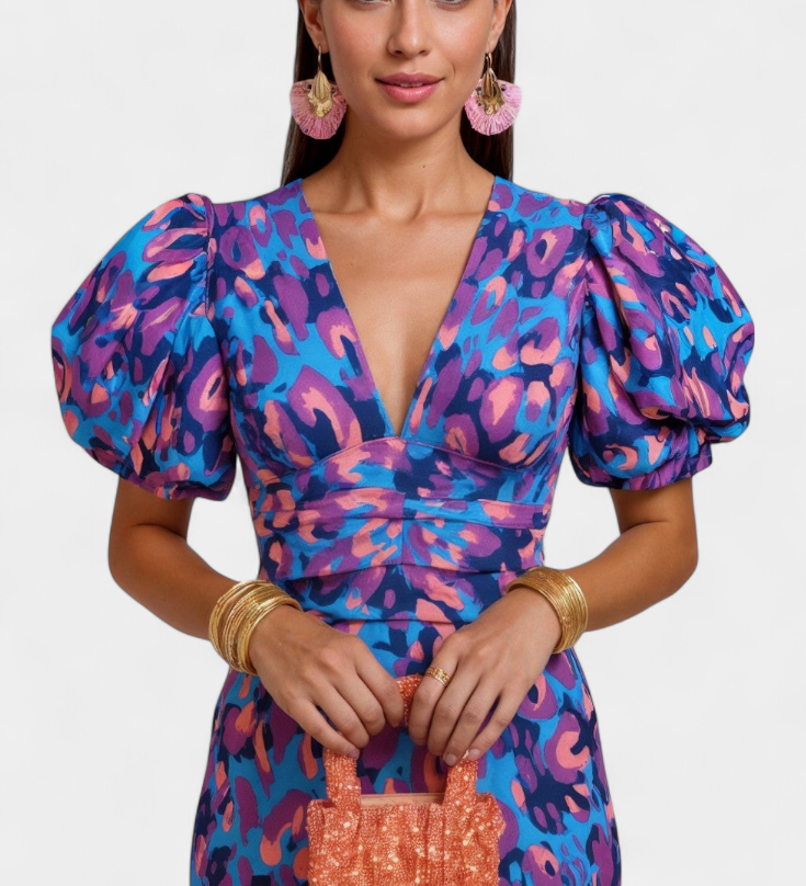 Wibia Vestido Estampado con Detalle de Fruncido Central y Mangas Volumen para un Look Elegante y Confortable