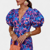 Wibia Vestido Estampado con Detalle de Fruncido Central y Mangas Volumen para un Look Elegante y Confortable