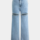 Jeans Evian Ripped Straight-Leg con Elegantes Rhinestones