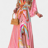 Vestido Maxi Joelle con Diseño Arcoíris, Escote en V y Manga Murciélago, Perfecto para Llevar con Estilo