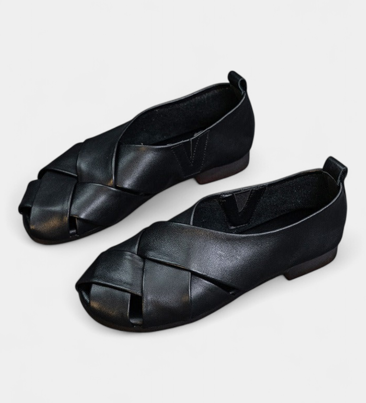 Zapatos Planos de Cuero Negros con Diseño Cruzado Abierto Nayra
