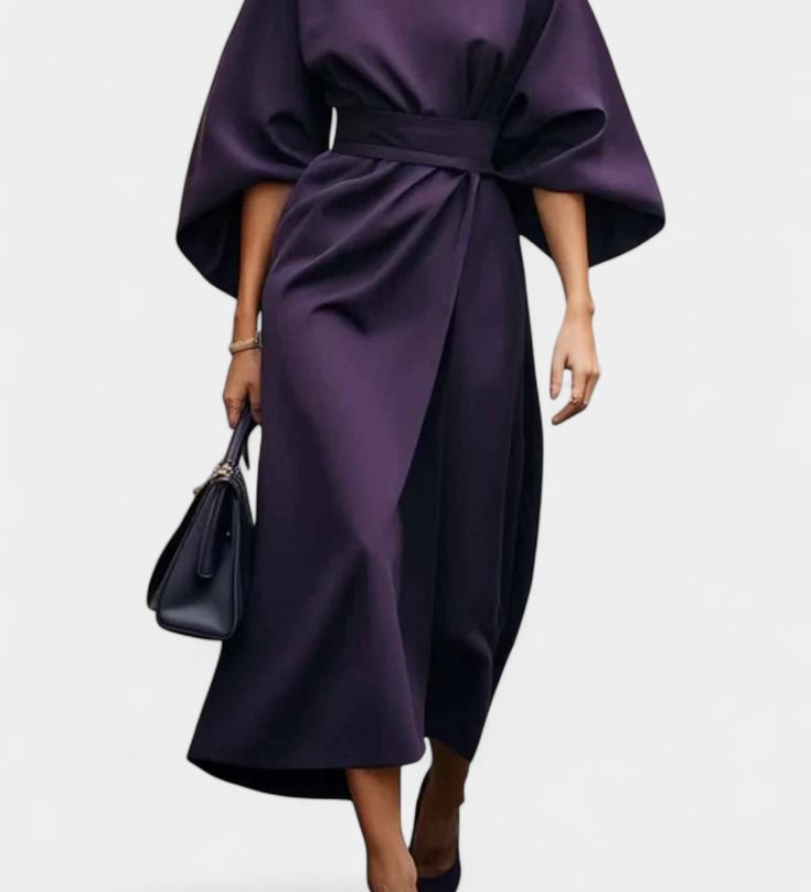 Vestido Midi Micaela con Mangas Lantern y Cintura Ceñida para un Estilo Elegante y Sofisticado