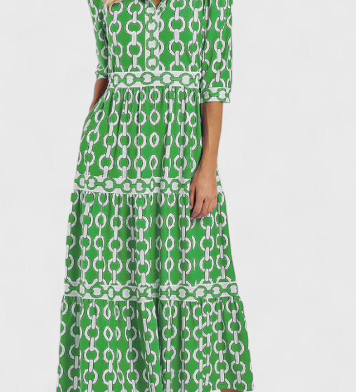 Casilda – Elegante Vestido Midi con Estampado de Cadenas para un Estilo Sofisticado