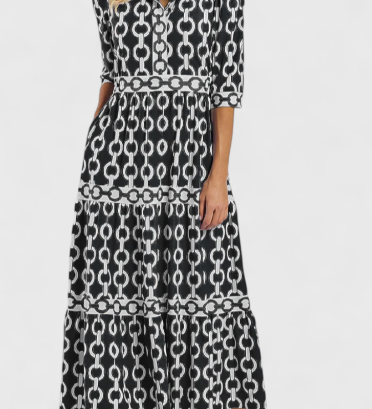 Casilda – Elegante Vestido Midi con Estampado de Cadenas para un Estilo Sofisticado