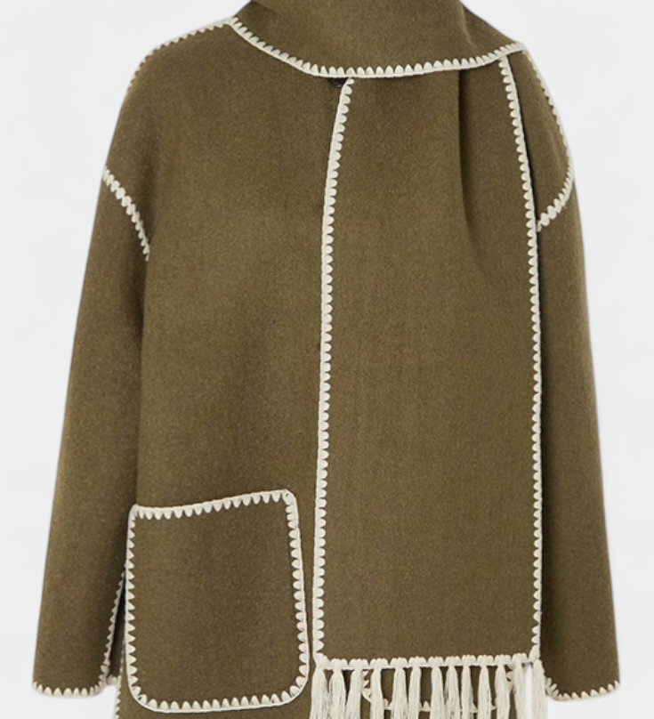 Pauline - Elegante abrigo de corte suelto con bufanda de flecos incorporada para un estilo sofisticado
