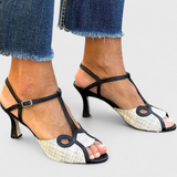 Iraida Zapato Peep-Toe Bicolor con T-Strap y Tacón Elegante y Estilizado