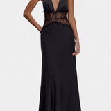 Elegante Vestido Largo Ashanty con Escote Halter y Detalles de Encaje Transparente en la Cintura