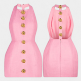 Yvonne Vestido Mini Halter con Escote en V, Espalda Abierta y Encantador Detalle Floral