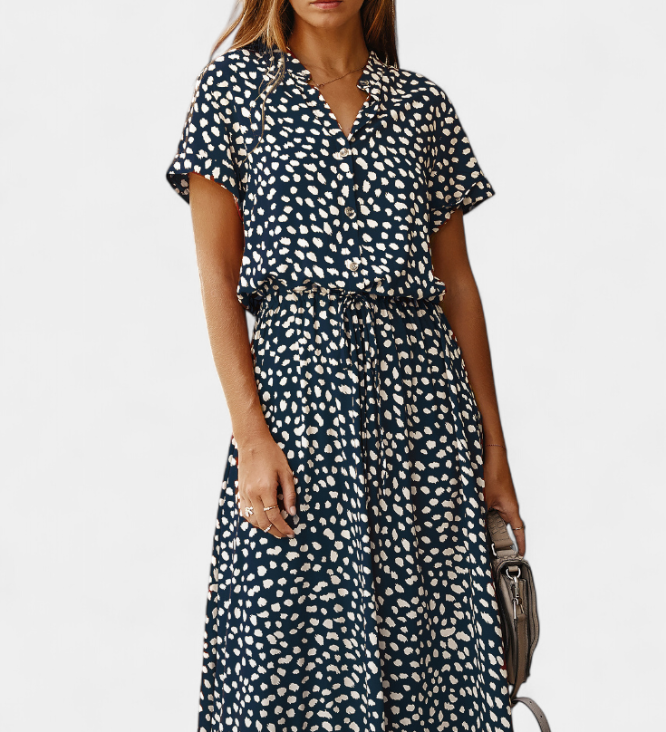 Rovena Vestido Midi de Lunares con Cuello Camisero y Cintura Ajustable - Elegancia y Comodidad para Cualquier Ocasión