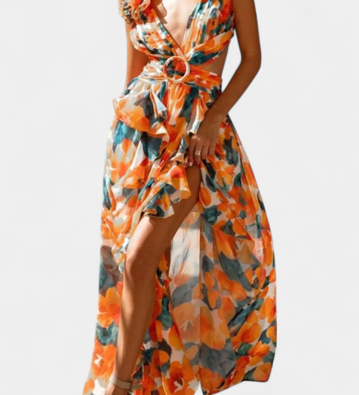 Elegante vestido de chifón Zuleika con volantes y aperturas laterales para un estilo sofisticado
