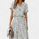 Rovena Vestido Midi de Lunares con Cuello Camisero y Cintura Ajustable - Elegancia y Comodidad para Cualquier Ocasión