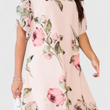 Elegante vestido de gasa fluida Tameka con detalles de pétalos y mangas transparentes