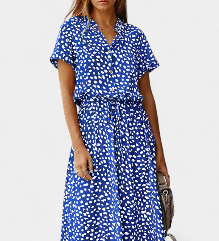 Rovena Vestido Midi de Lunares con Cuello Camisero y Cintura Ajustable - Elegancia y Comodidad para Cualquier Ocasión