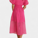 Vestido midi de manga abullonada con patrón de cuadros y detalle de caléndula