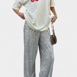 Elva Pantalones de Lentejuelas de Cintura Alta con Corte Holgado para un Estilo Único