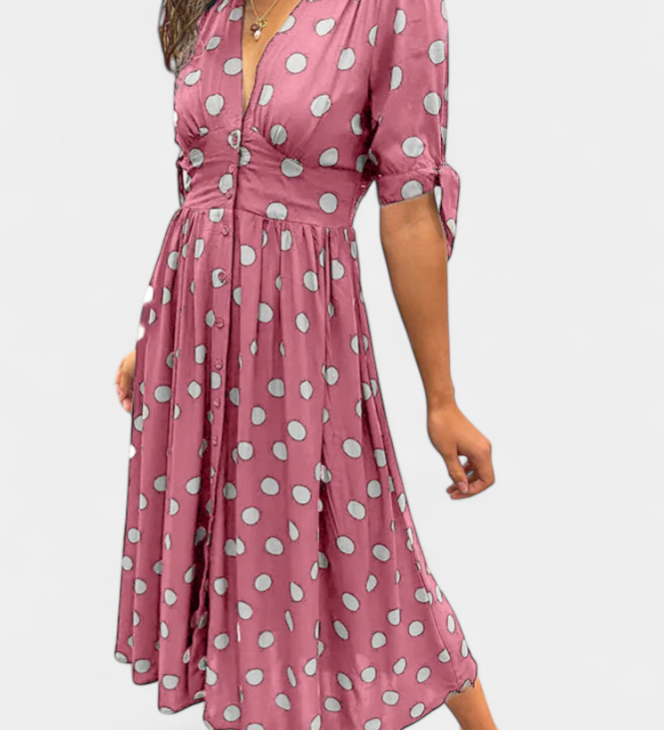 Lizzie Vestido Midi de Lunares con Elegante Escote en V Profundo