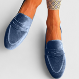 Llnica Elegantes Mocasines de Terciopelo Azul con Detalle Patchwork y Punta Redonda para Estilo y Comodidad